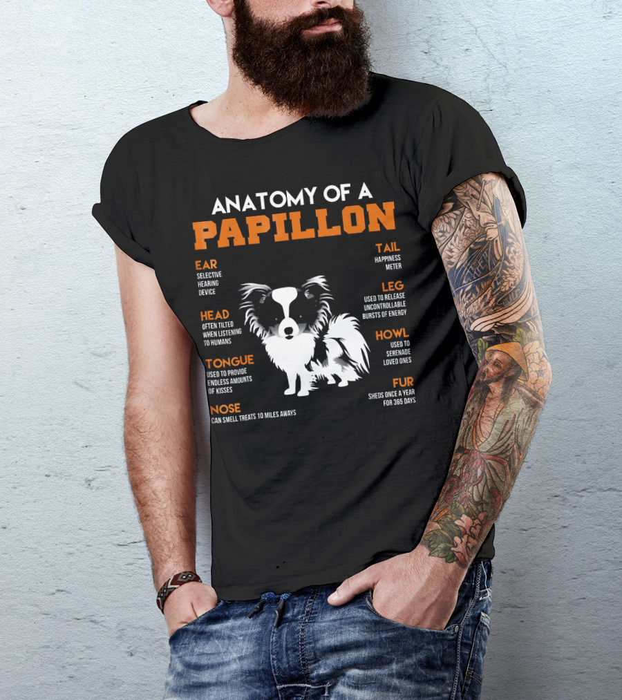 ANATOMY OF A PAPILLON DOGS EAR HEAD TONGUE NOSE TAIL LEG HOWL FUR T-Shirt