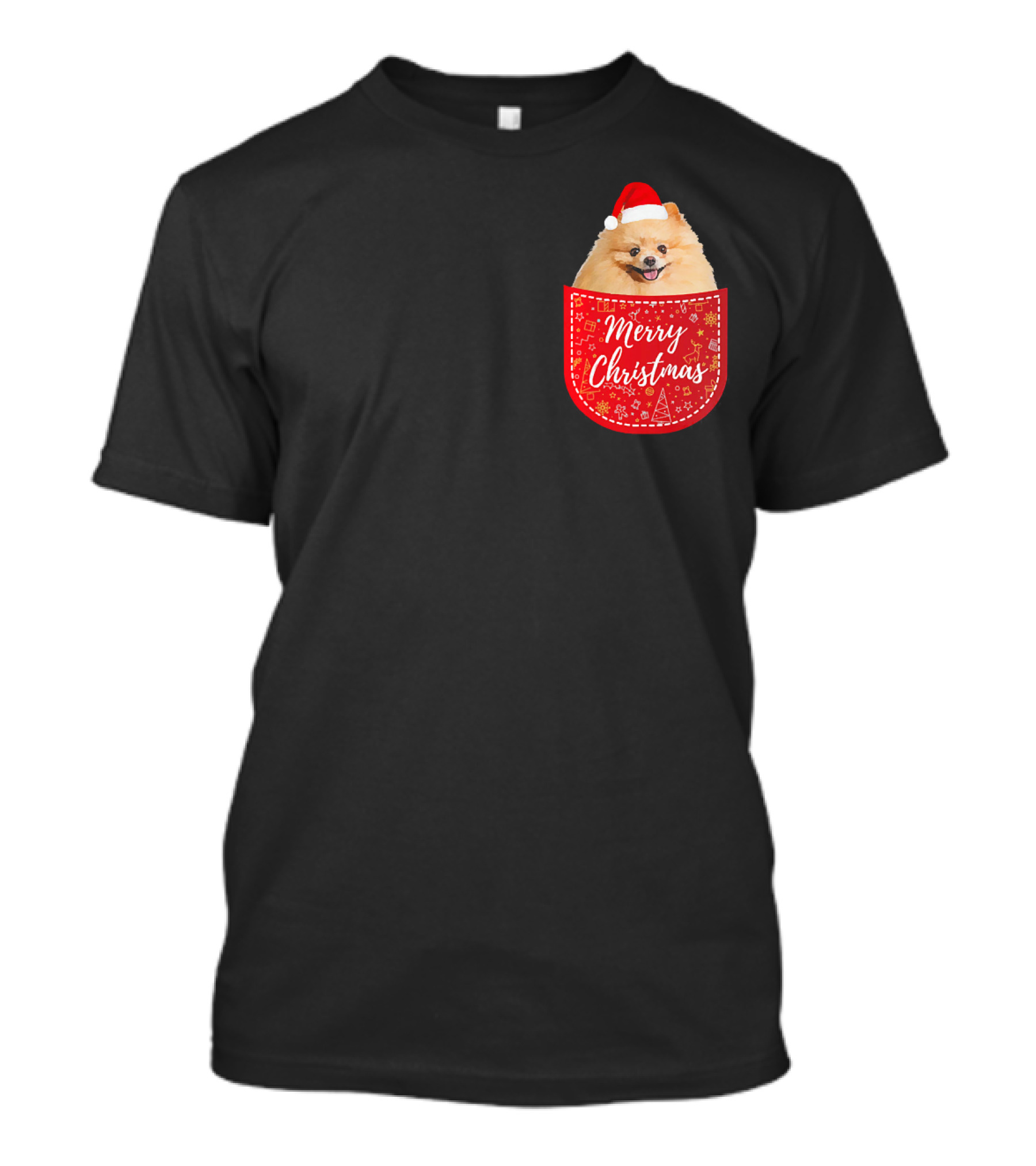 Merry Christmas Pomeranian Dog In Santa Hat Pocket T-Shirt
