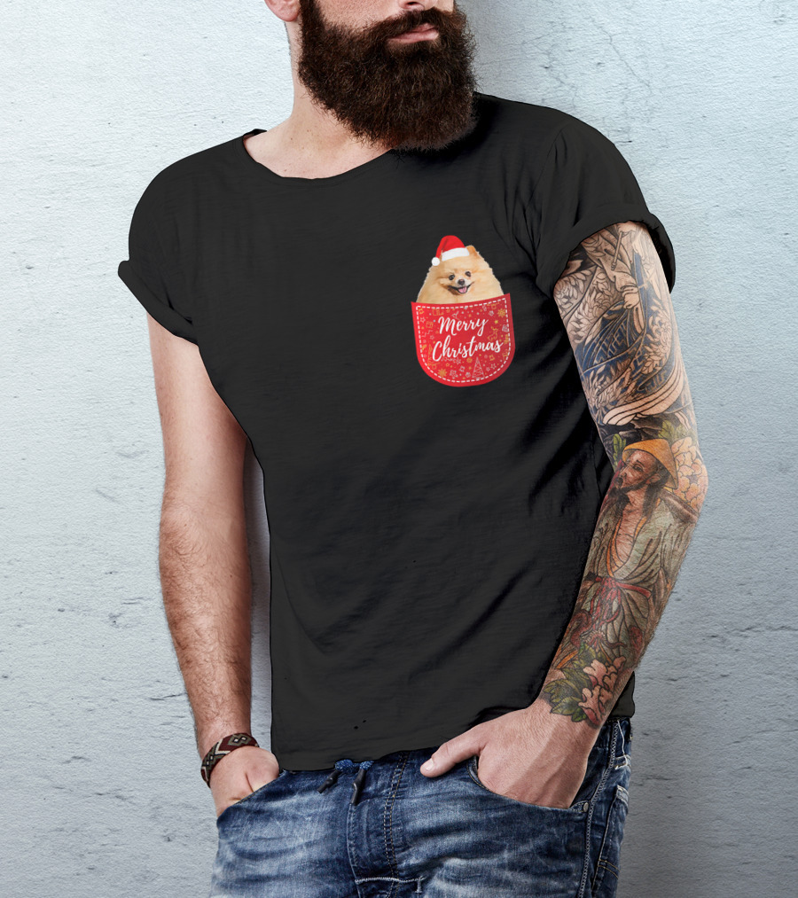 Merry Christmas Pomeranian Dog In Santa Hat Pocket T-Shirt