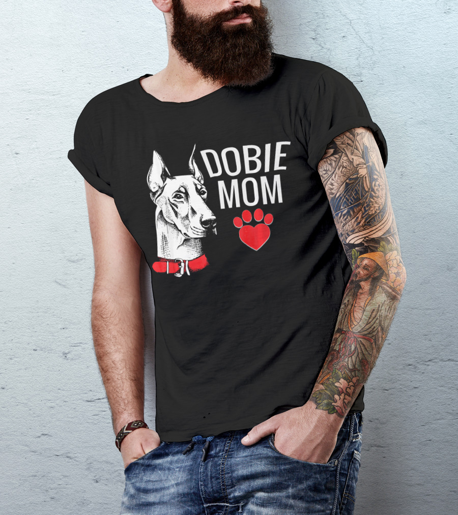 Dobie Mom Doberman Pinscher Dog With Red Collar And Heart Paw Prints T-Shirt
