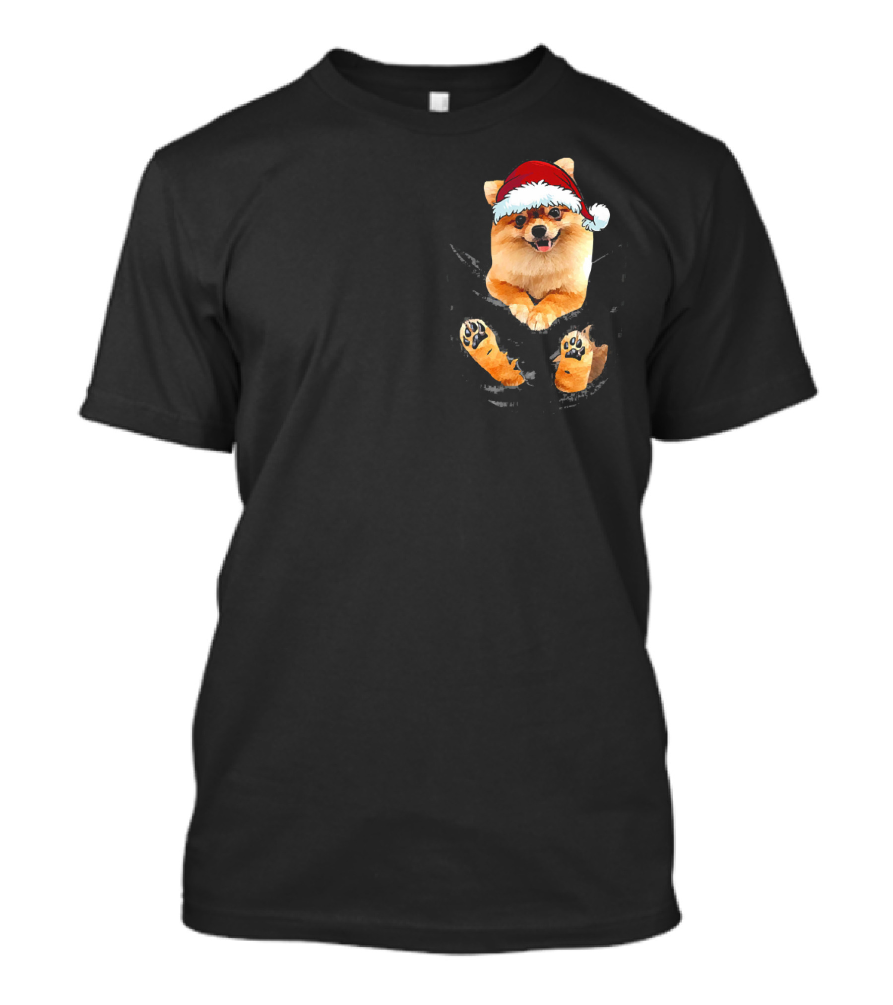 Santa Hat Pomeranian In Pocket T-Shirt