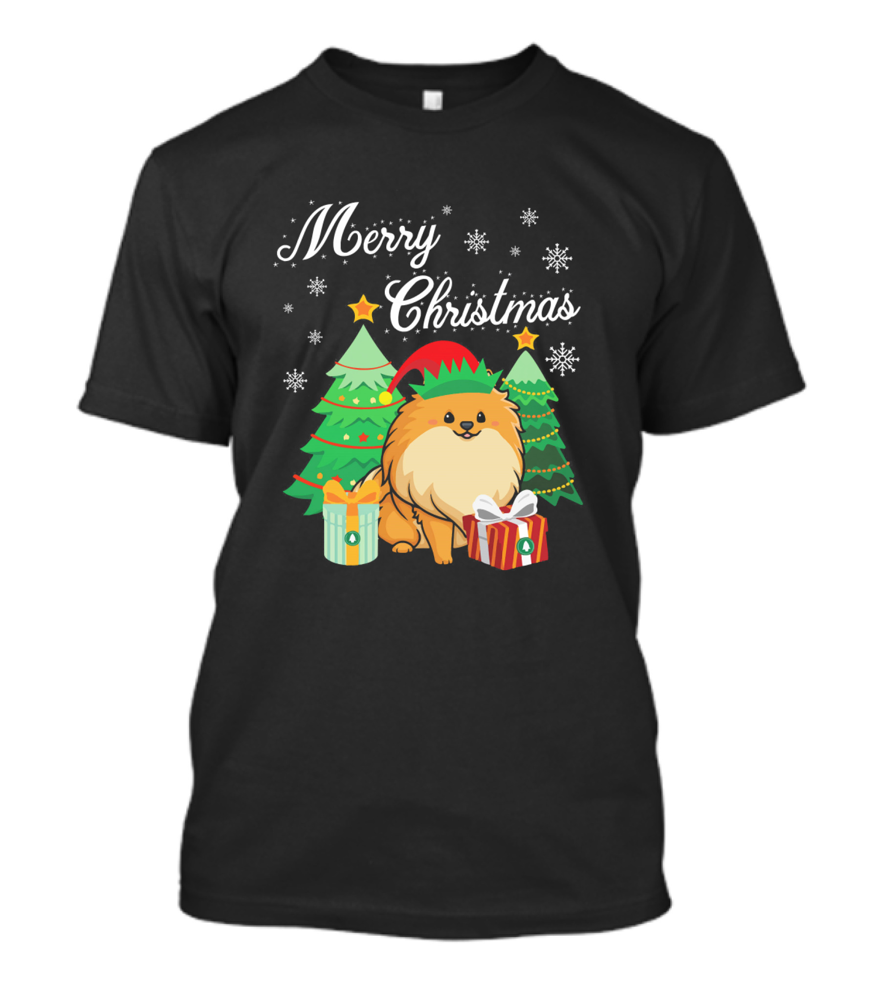 Merry Christmas Pomeranian Elf With Christmas Trees And Gifts T-Shirt