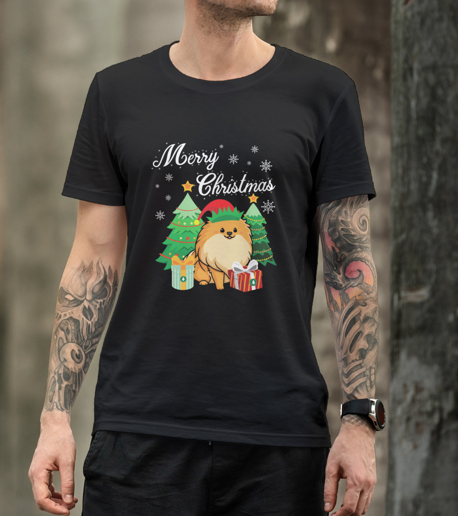 Merry Christmas Pomeranian Elf With Christmas Trees And Gifts T-Shirt
