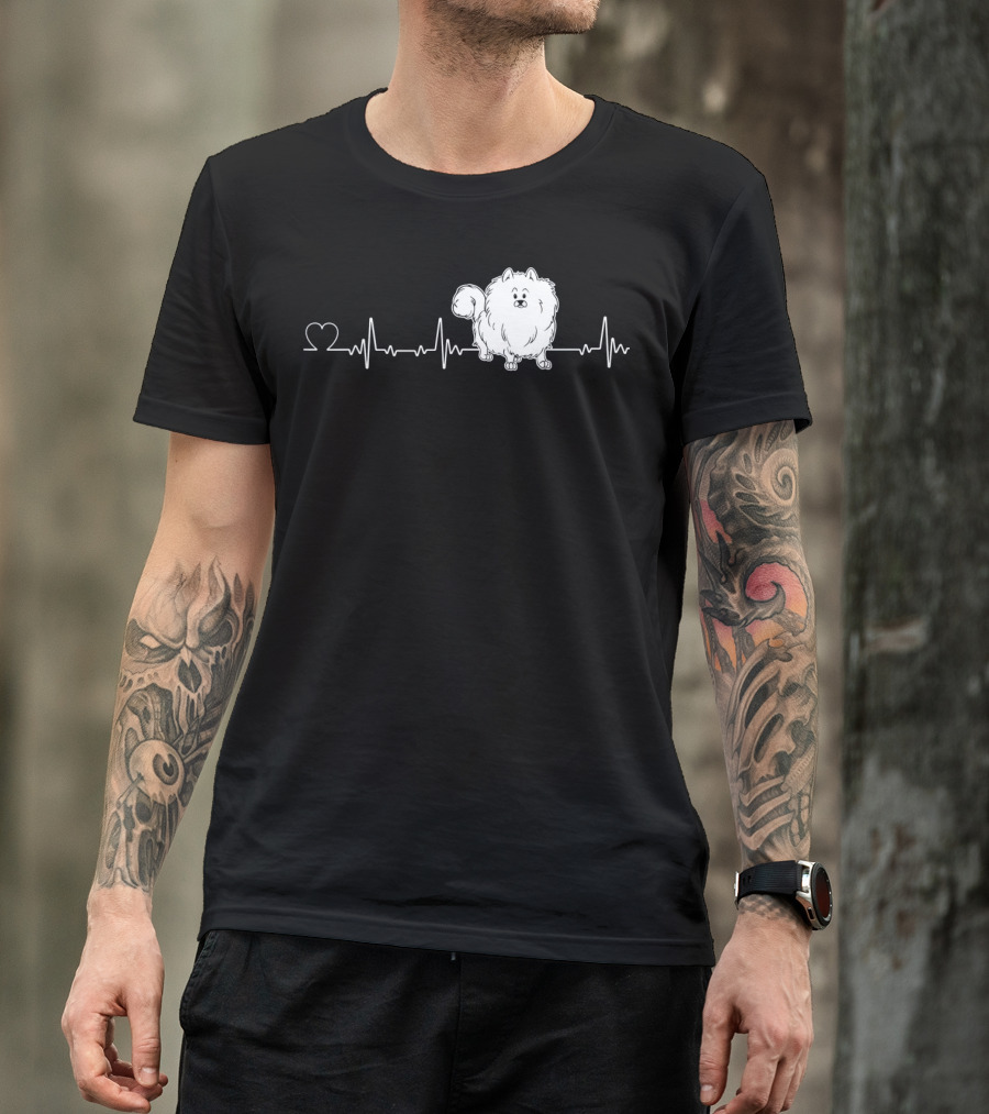 Pomeranian Heartbeat With Heartbeat Line And Heart Image T-Shirt