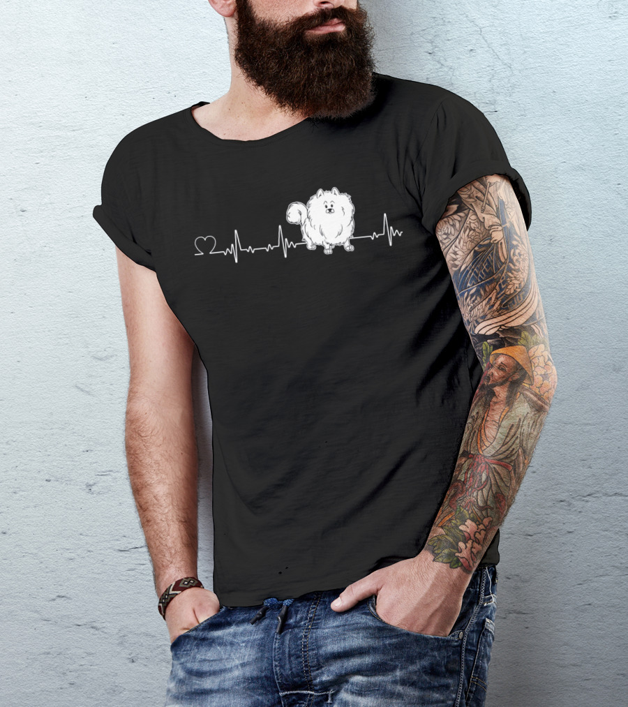 Pomeranian Heartbeat With Heartbeat Line And Heart Image T-Shirt