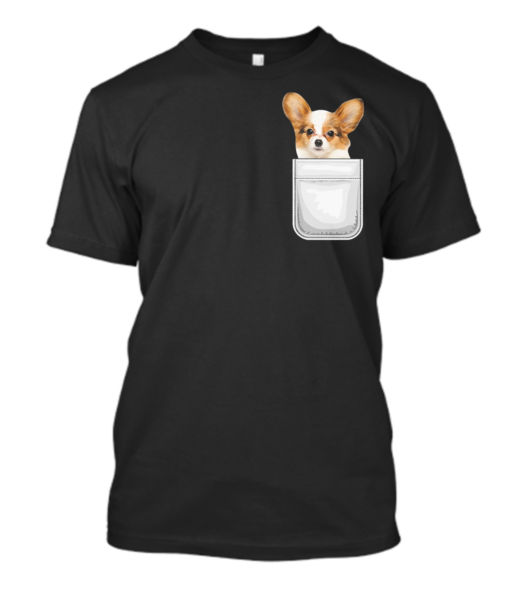 Papillon Puppy Dog With Fluffy Ears Peeking Out Of Pocket T-Shirt