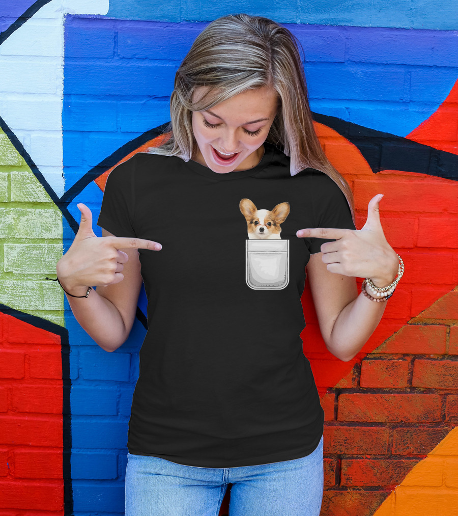 Papillon Puppy Dog With Fluffy Ears Peeking Out Of Pocket T-Shirt