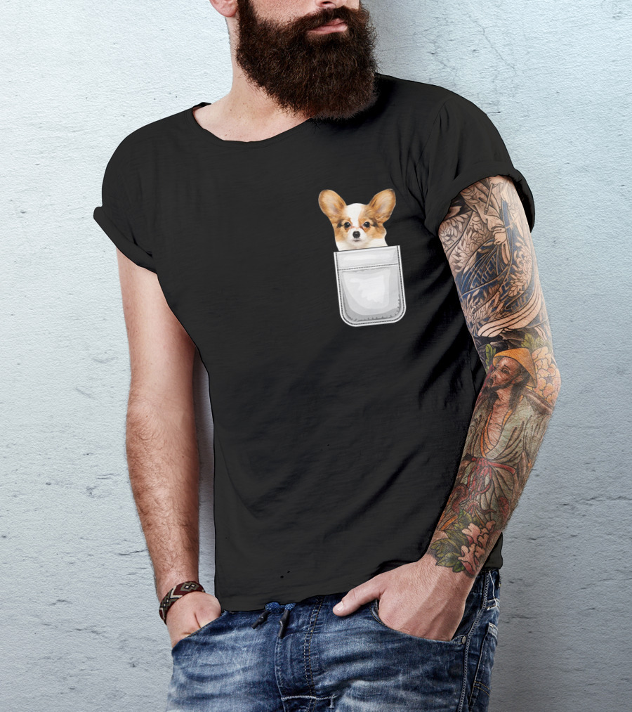 Papillon Puppy Dog With Fluffy Ears Peeking Out Of Pocket T-Shirt