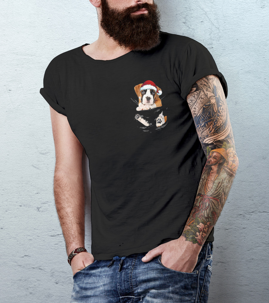 Boxer Dog In Santa Hat Christmas Pocket Pup T-Shirt