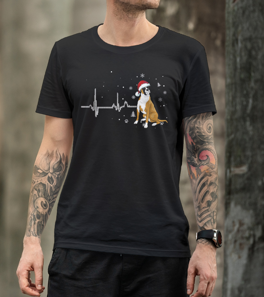 Boxer Heartbeat Funny Christmas Dog Santa Hat Snowflakes Pawprints T-Shirt