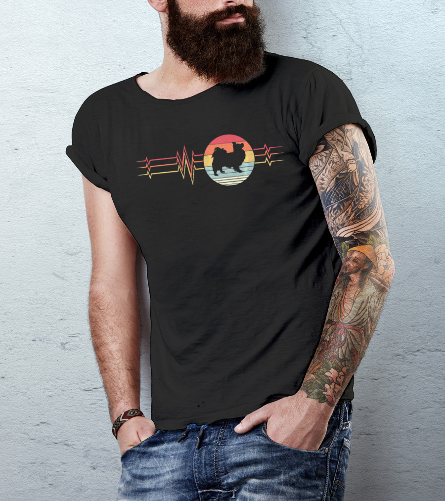 Retro Papillon Dog Silhouette Heartbeat Lifeline Circle T-Shirt