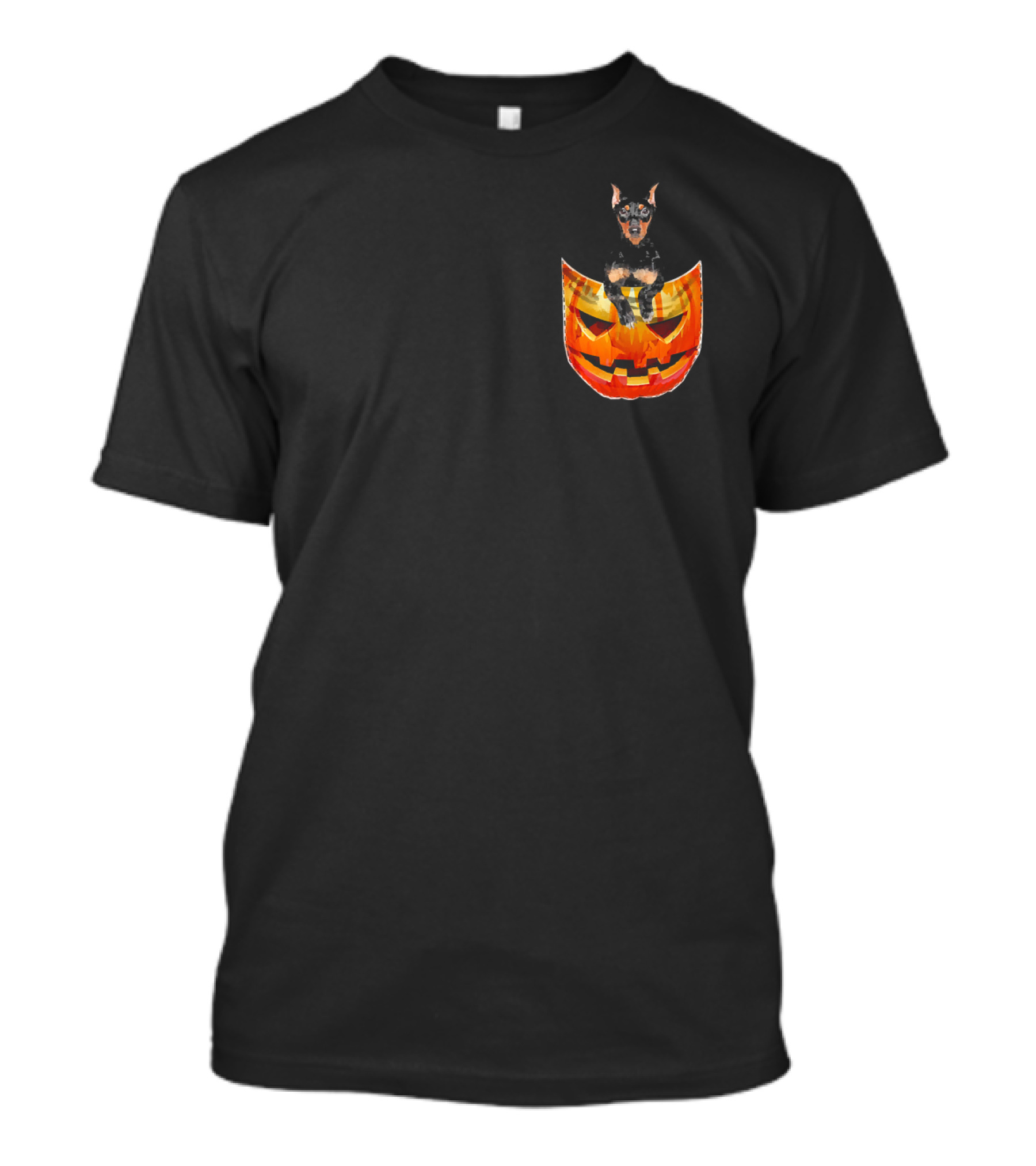Doberman Sitting In Jack-O'-Lantern Pocket Funny Dog Halloween T-Shirt