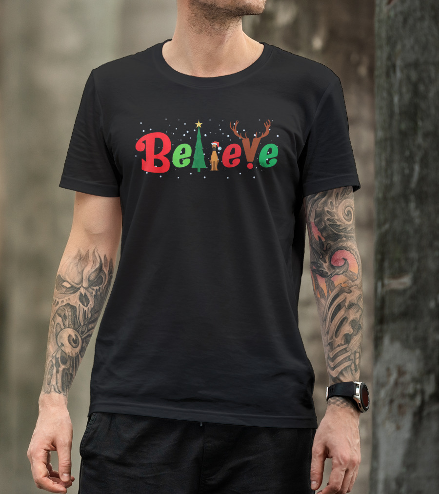 Believe Santa Great Dane Dog Xmas Costume Reindeer Tree T-Shirt