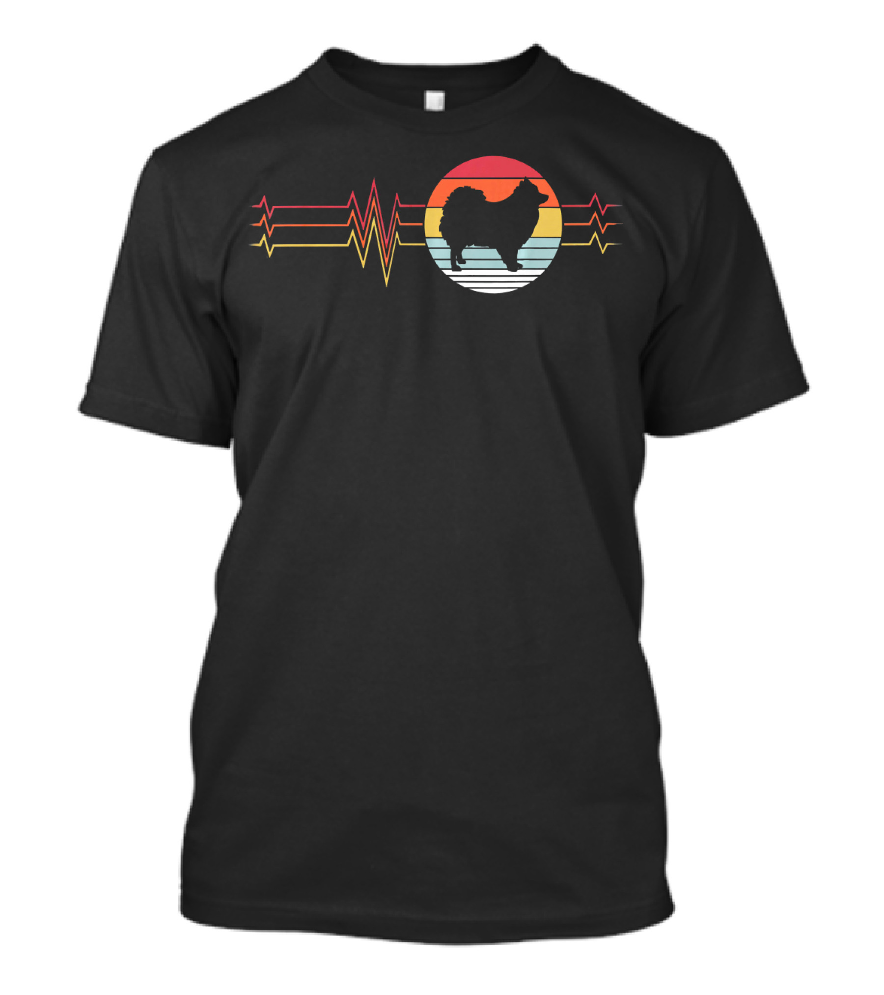 Retro Pomeranian Heartbeat Silhouette Vintage Sunset Stripes T-Shirt