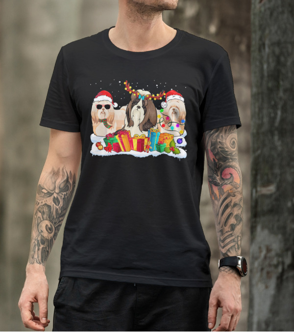 Shih Tzu Christmas Santa Hat Reindeer Antlers Gifts And Lights T-Shirt