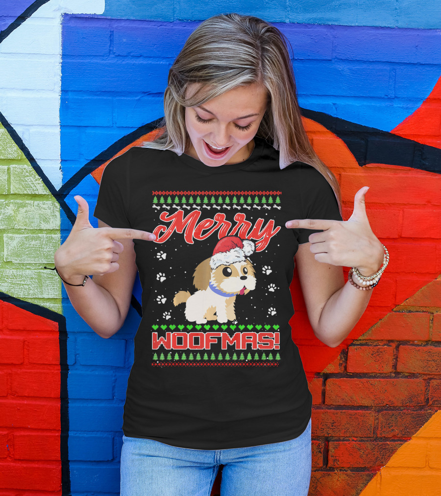 Merry Woofmas Shih Tzu In Santa Hat And Winter Holiday T-Shirt
