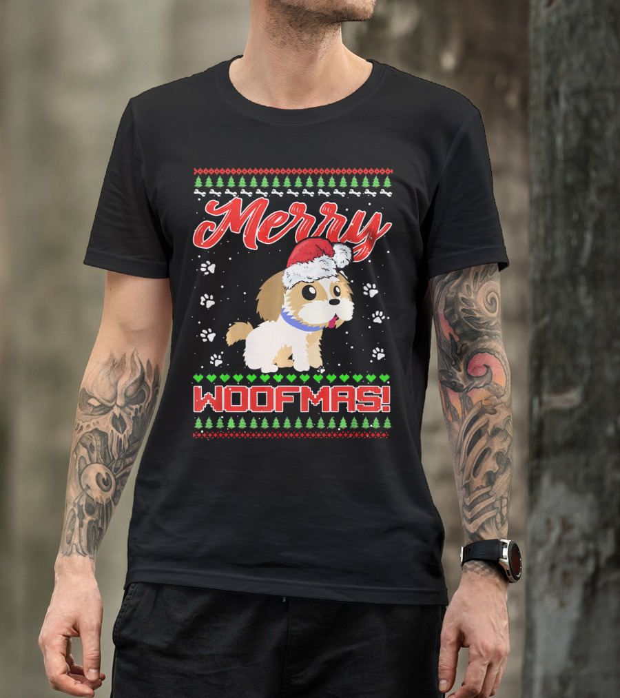 Merry Woofmas Shih Tzu In Santa Hat And Winter Holiday T-Shirt