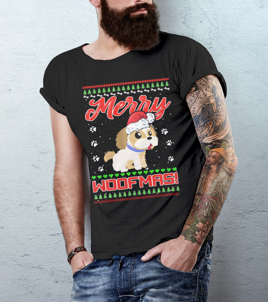 Merry Woofmas Shih Tzu In Santa Hat And Winter Holiday T-Shirt