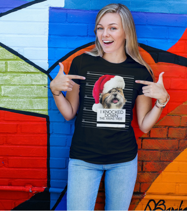 Shih Tzu Dog I Knocked Down The Xmas Tree With Santa Hat Mugshot T-Shirt