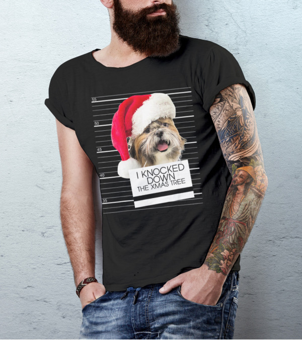 Shih Tzu Dog I Knocked Down The Xmas Tree With Santa Hat Mugshot T-Shirt