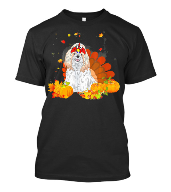 Shih Tzu Dressed As Turkey Surrounded By Pumpkins And Autumn Leaves T-Shirt