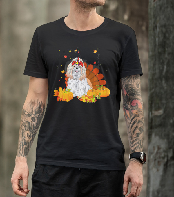 Shih Tzu Dressed As Turkey Surrounded By Pumpkins And Autumn Leaves T-Shirt