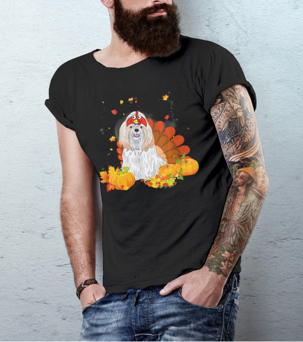 Shih Tzu Dressed As Turkey Surrounded By Pumpkins And Autumn Leaves T-Shirt