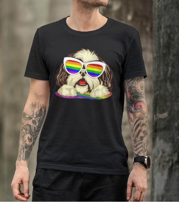 Shih Tzu Dog With Rainbow Pride Flag Sunglasses T-Shirt