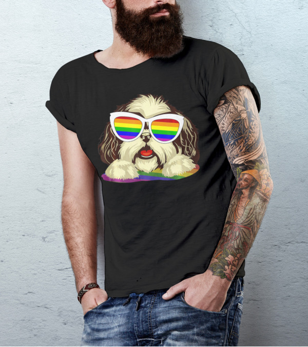 Shih Tzu Dog With Rainbow Pride Flag Sunglasses T-Shirt