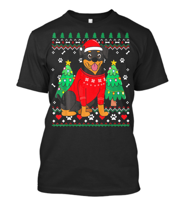 Rottweiler Christmas Sweater Santa Hat Trees Paws T-Shirt