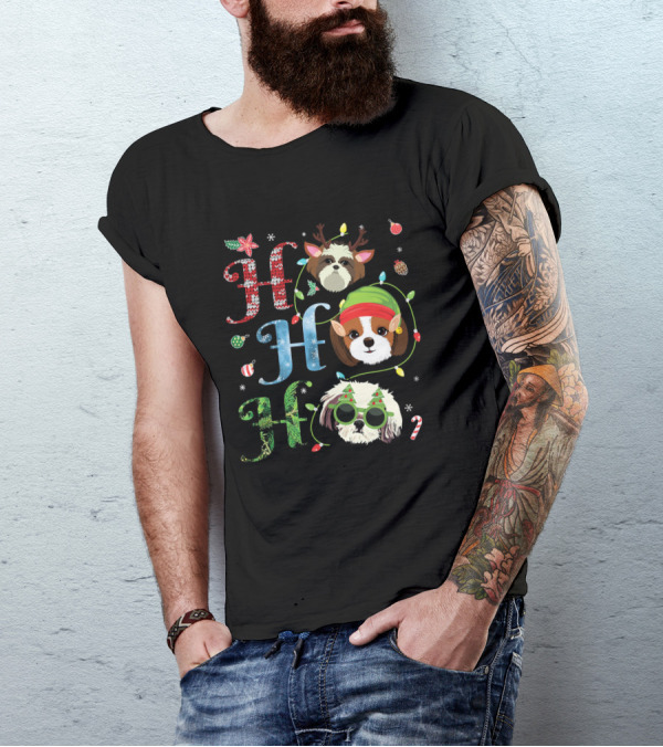 Ho Ho Ho Shih Tzu Reindeer Elf Christmas Lights T-Shirt
