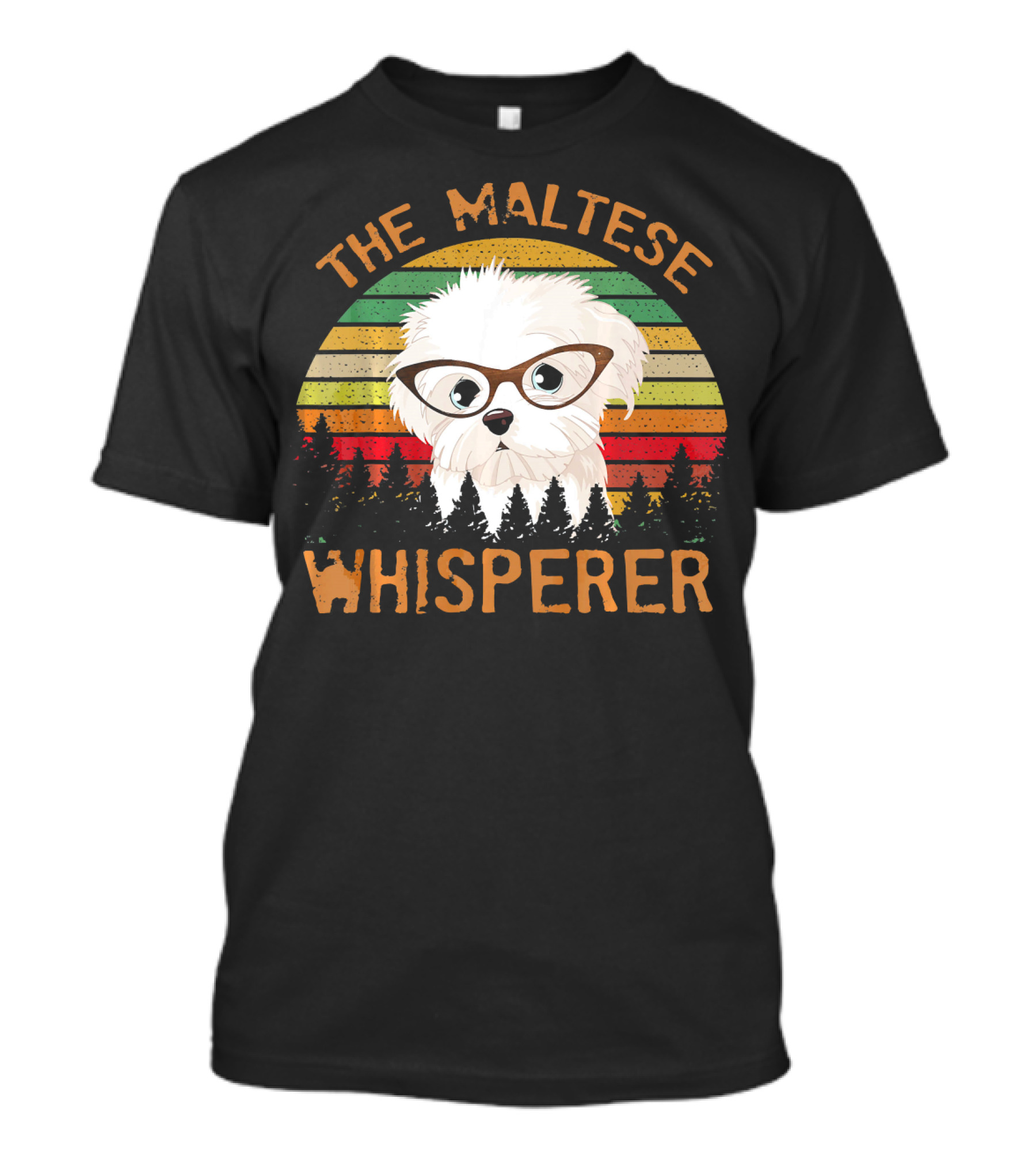 The Maltese Whisperer Funny Dog Lovers Vintage Glasses Sunset Forest Scene T-Shirt
