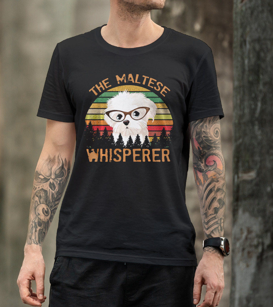 The Maltese Whisperer Funny Dog Lovers Vintage Glasses Sunset Forest Scene T-Shirt