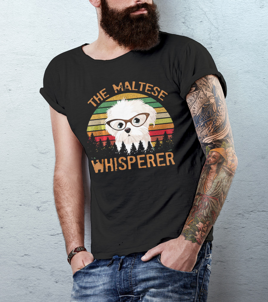 The Maltese Whisperer Funny Dog Lovers Vintage Glasses Sunset Forest Scene T-Shirt