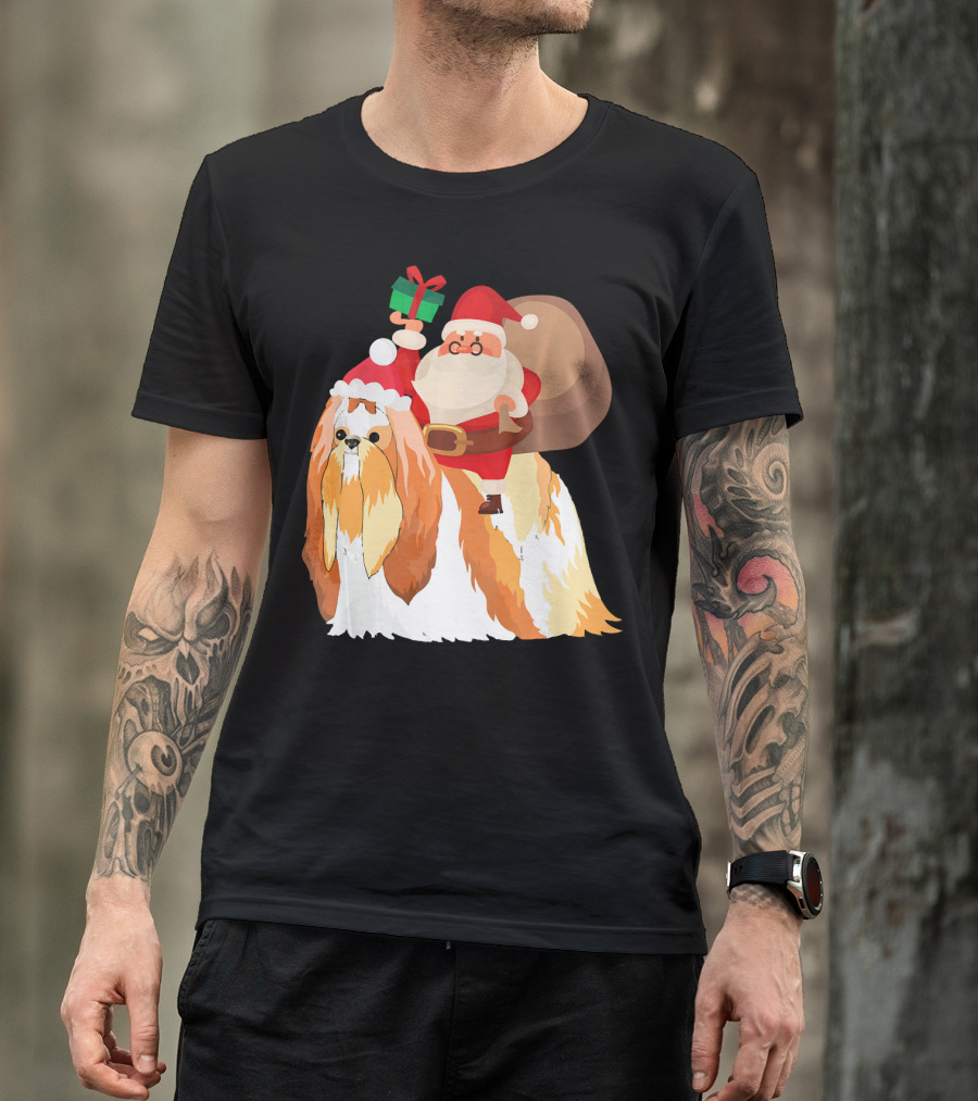 Santa Riding Shih Tzu With Gift And Sack T-Shirt