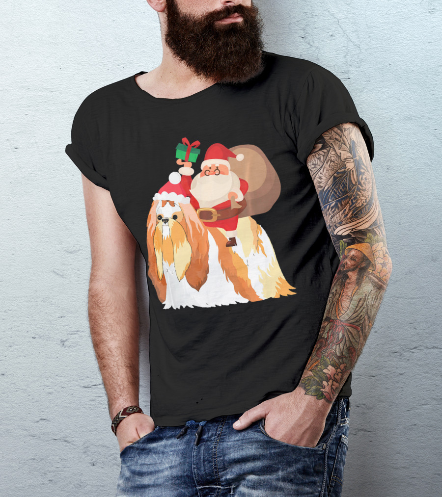 Santa Riding Shih Tzu With Gift And Sack T-Shirt