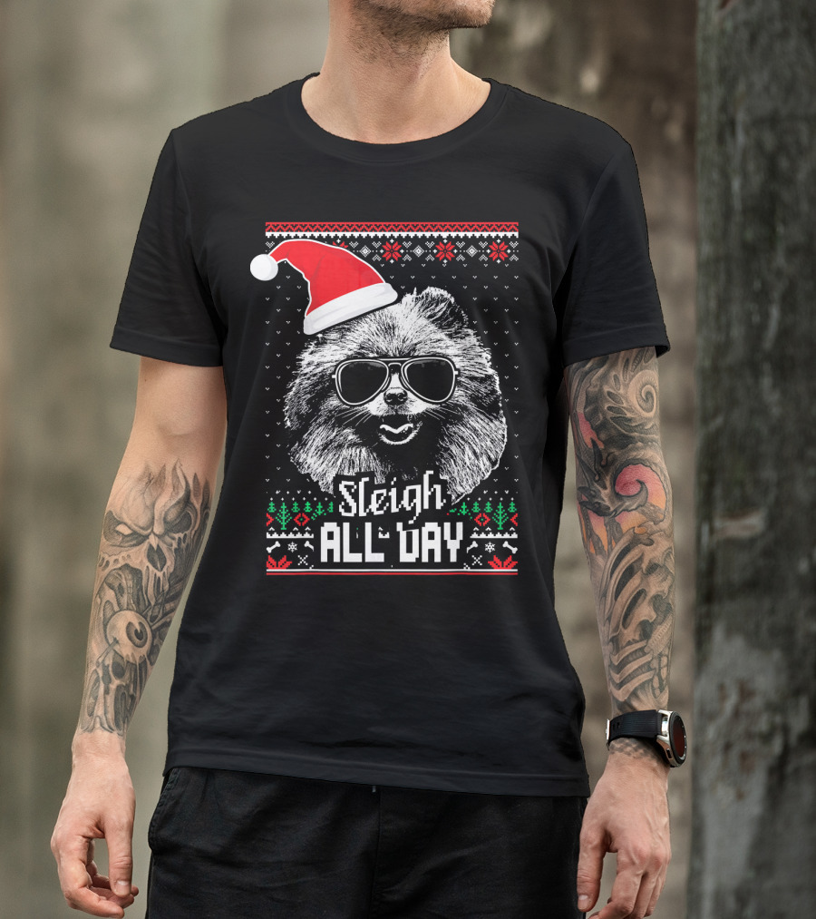 Sleigh All Day Funny Pomeranian Santa Hat Sunglasses Festive T-Shirt