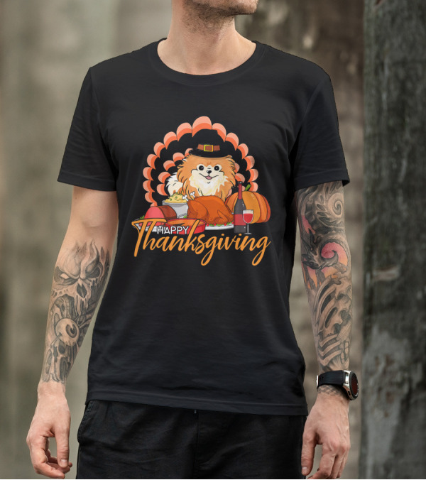 Happy Thanksgiving Pomeranian With Turkey And Wine T-Shirt