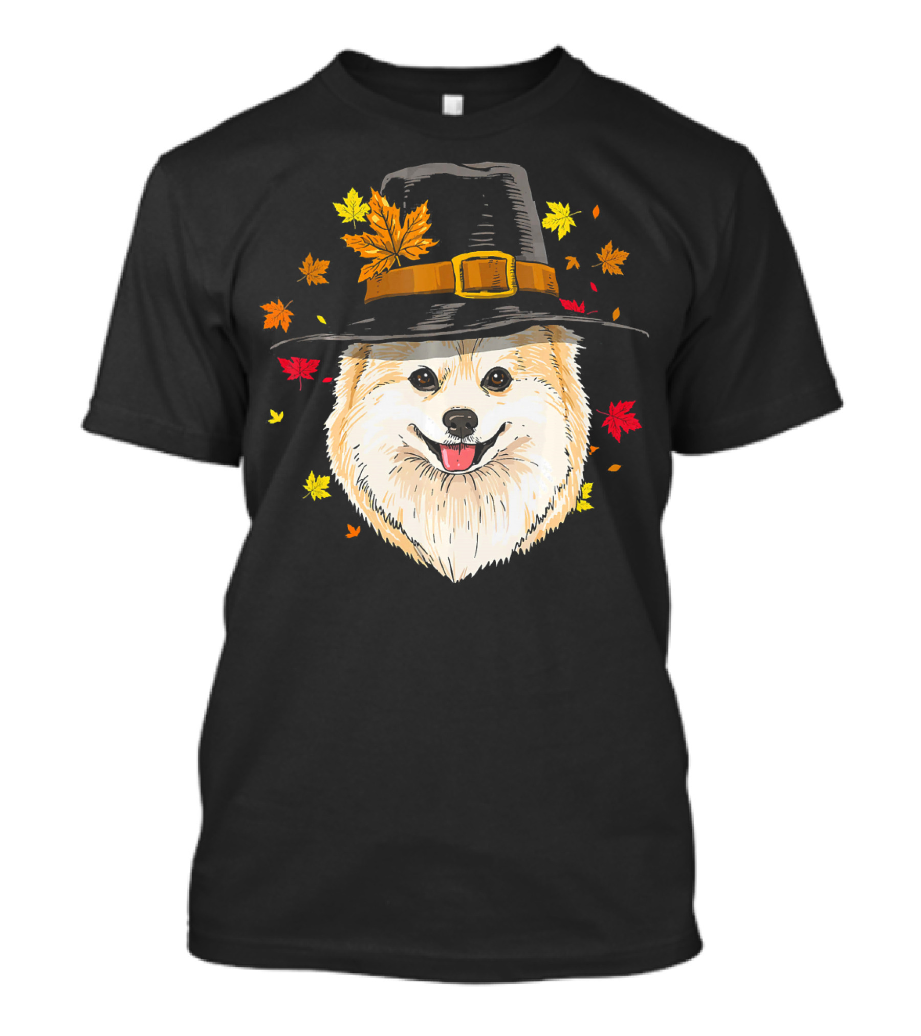 Thanksgiving Pomeranian Pilgrim With Autumn Leaves And Black Hat T-Shirt