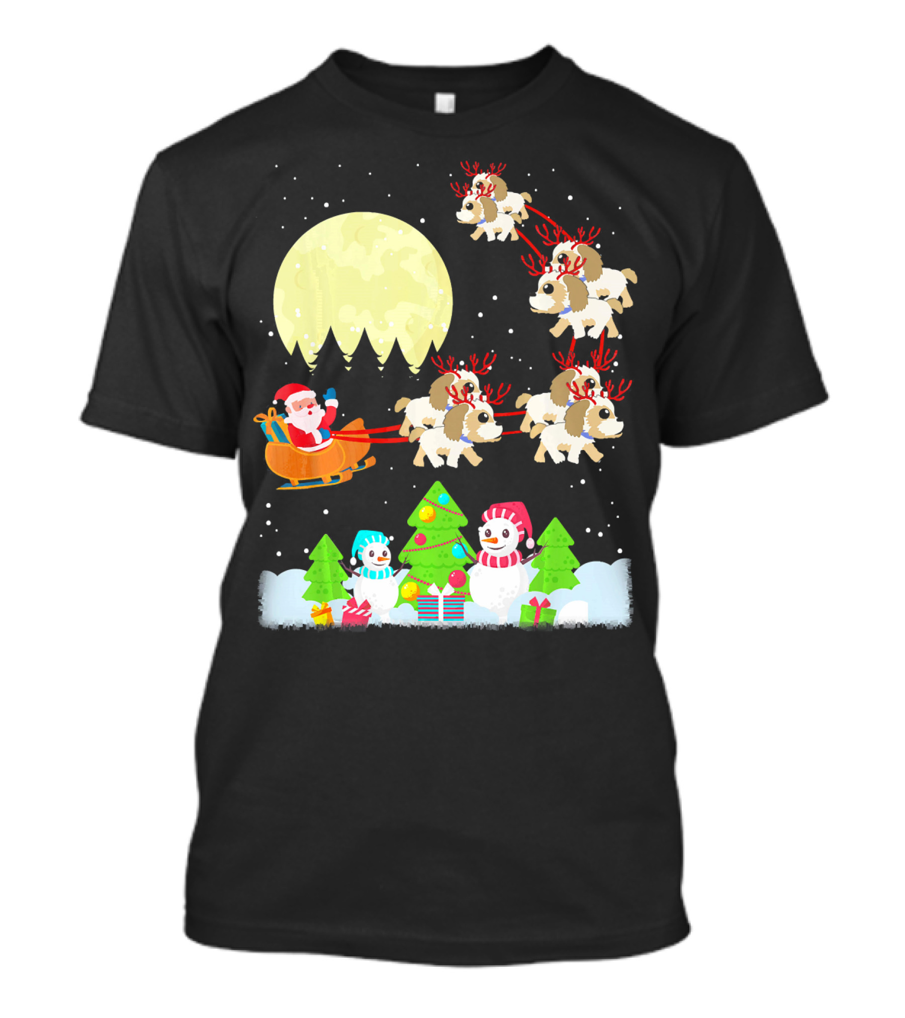 Shih Tzu Reindeer Christmas Santa Sleigh Snowman Scene T-Shirt