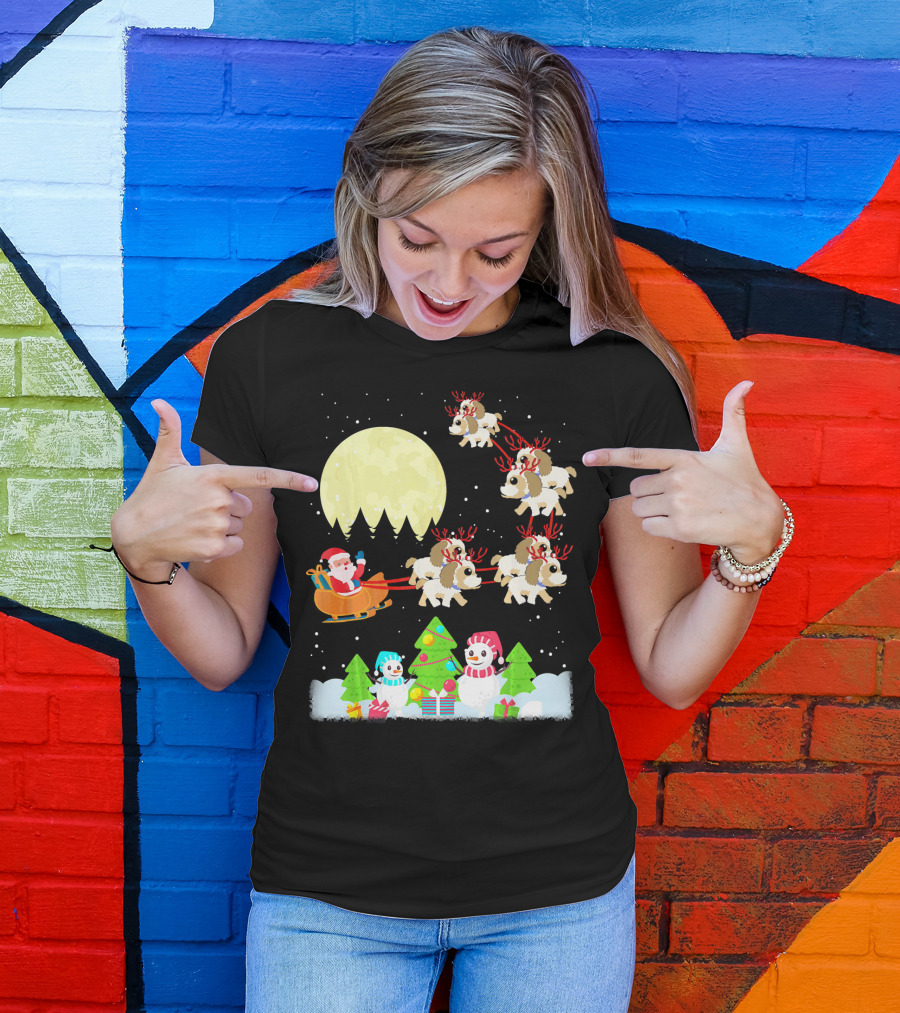 Shih Tzu Reindeer Christmas Santa Sleigh Snowman Scene T-Shirt