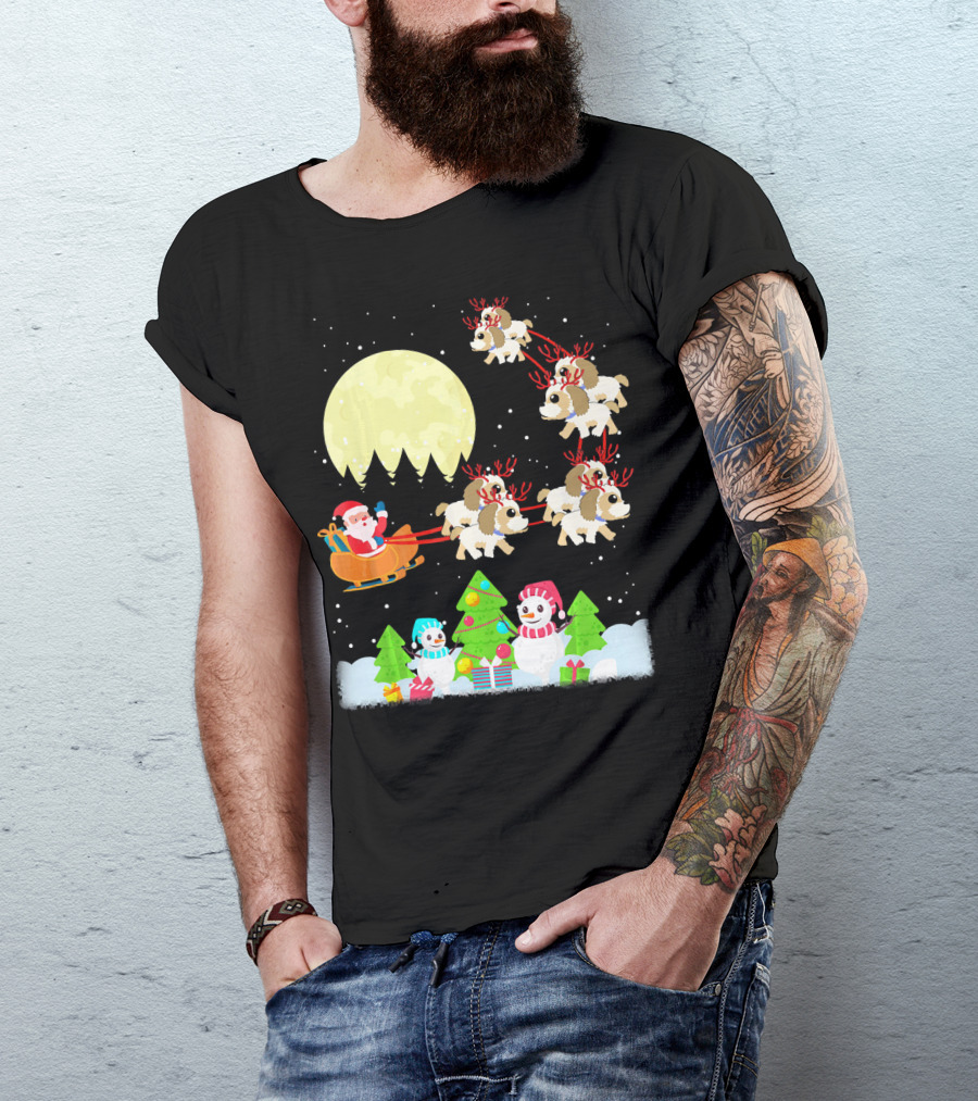 Shih Tzu Reindeer Christmas Santa Sleigh Snowman Scene T-Shirt