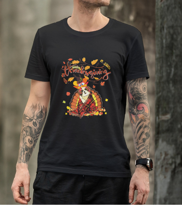 Shih Tzu In Turkey Hat Happy Thanksgiving With Leaves And Plaid Blanket T-Shirt