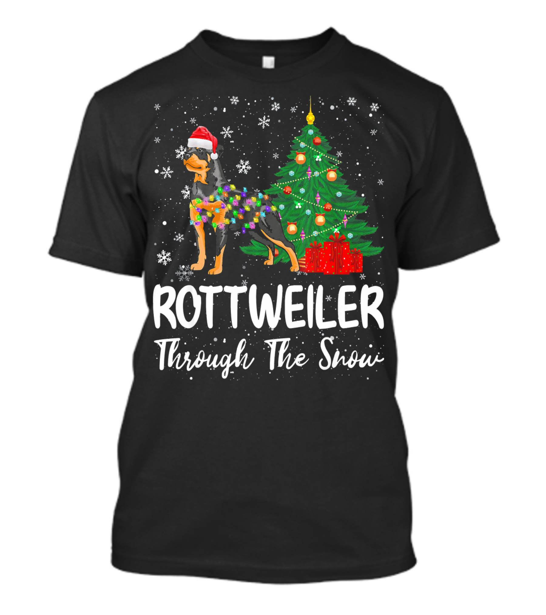 Rottweiler Through The Snow Santa Hat Christmas Tree Snowflakes T-Shirt