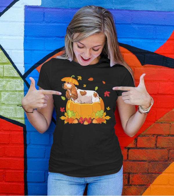 Thanksgiving Cocker Spaniel In Pumpkin With Autumn Leaves And Acorns T-Shirt