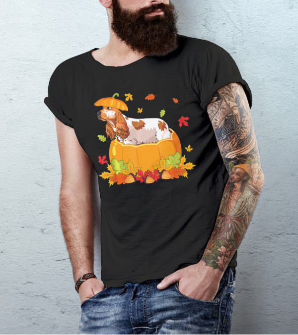 Thanksgiving Cocker Spaniel In Pumpkin With Autumn Leaves And Acorns T-Shirt