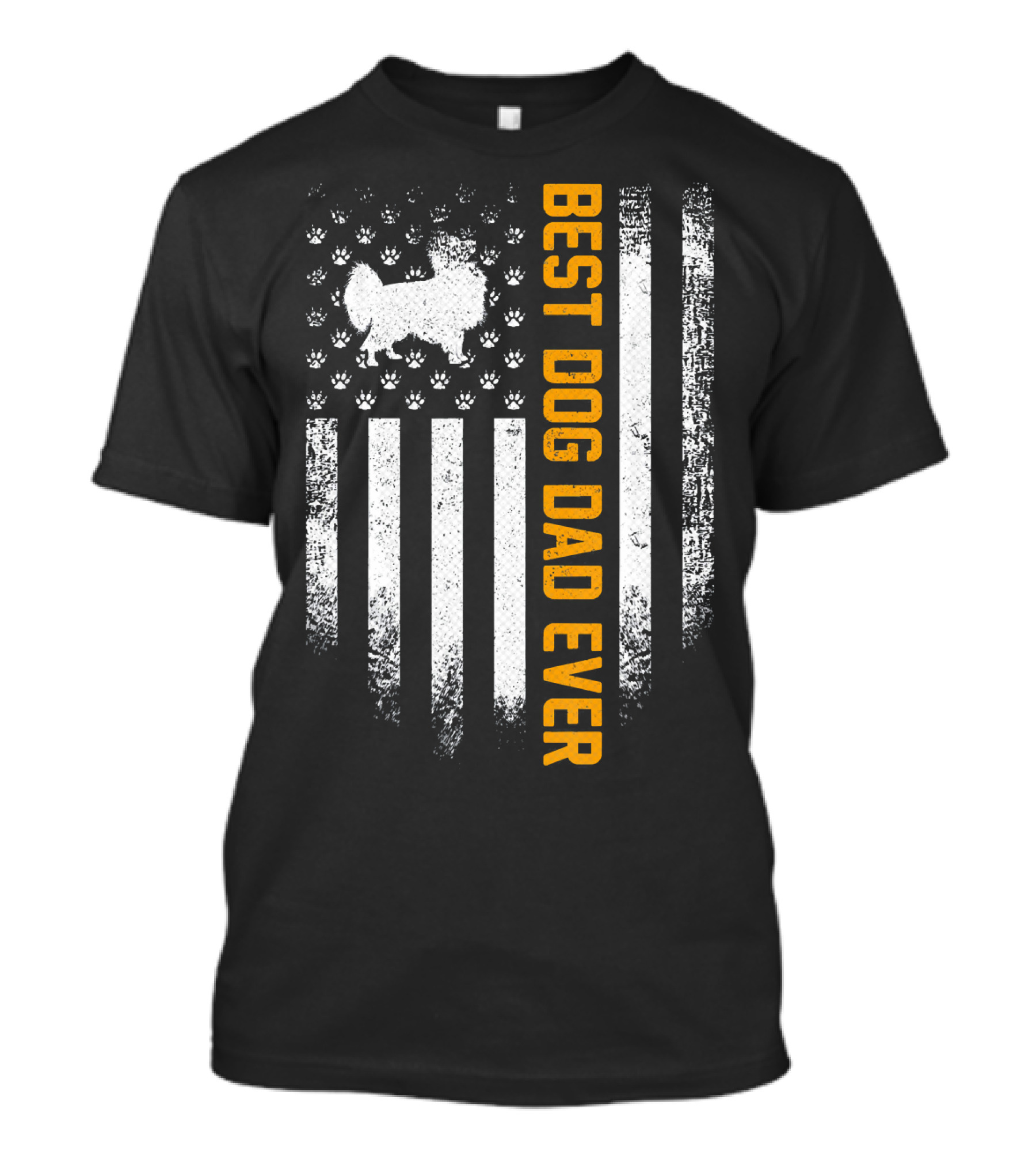 Best Dog Dad Ever Vintage USA Flag Papillon Dog Paw Prints T-Shirt