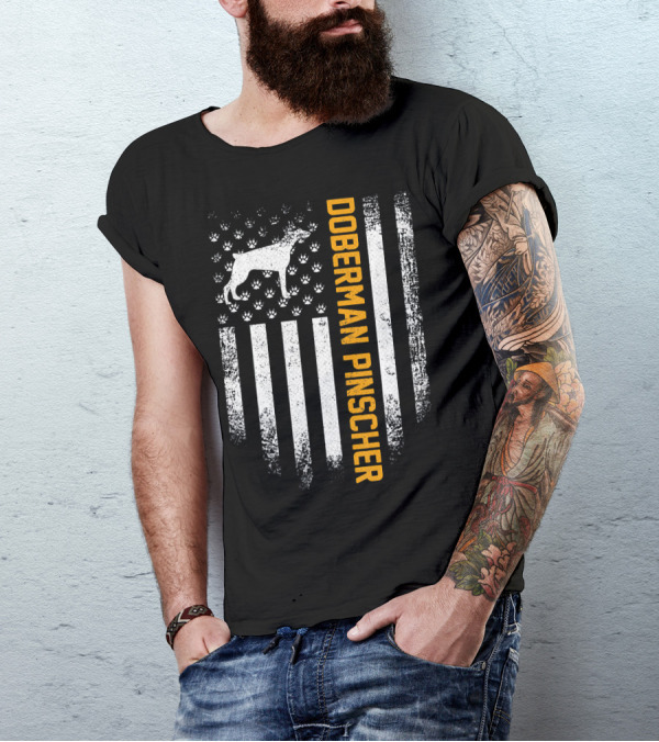 Doberman Pinscher Vintage American Flag With Paw Prints T-Shirt