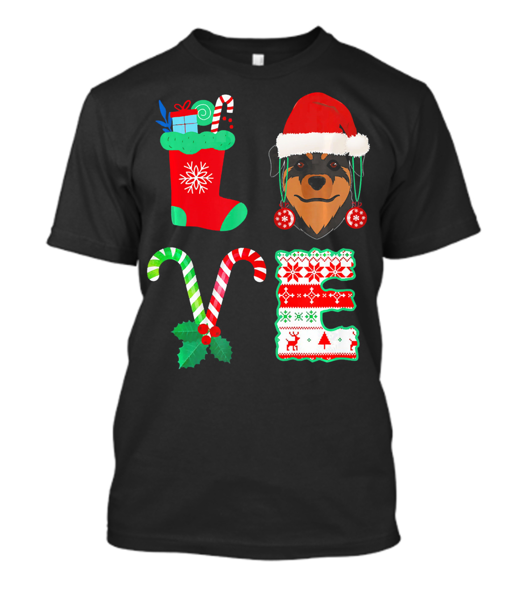 Rottweiler Santa Hat Christmas Stocking Candy Cane Love T-Shirt