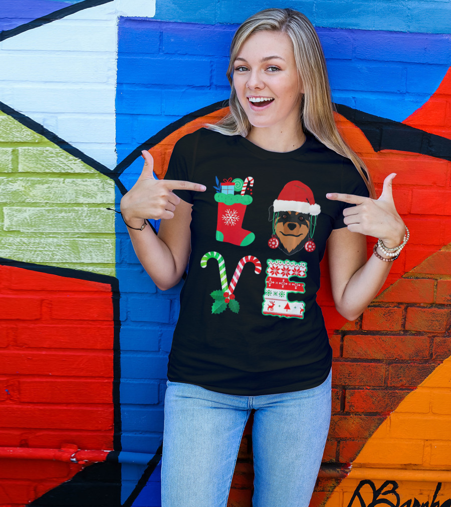 Rottweiler Santa Hat Christmas Stocking Candy Cane Love T-Shirt